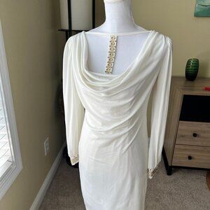 Maggy London Greek Style Beaded Scalloped Neck White Cream Dress